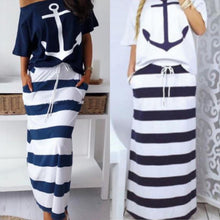 Load image into Gallery viewer, Women Two Piece Sets Boat Anchor Print T-Shirt &amp; Striped Skirt Sets Casual Ankle-Length Fashion Off Shoulder Maxi Striped Skirt