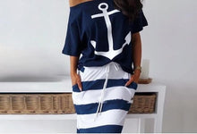 Load image into Gallery viewer, Women Two Piece Sets Boat Anchor Print T-Shirt &amp; Striped Skirt Sets Casual Ankle-Length Fashion Off Shoulder Maxi Striped Skirt