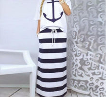 Load image into Gallery viewer, Women Two Piece Sets Boat Anchor Print T-Shirt &amp; Striped Skirt Sets Casual Ankle-Length Fashion Off Shoulder Maxi Striped Skirt