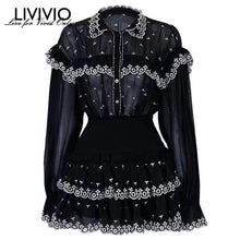 Load image into Gallery viewer, [LIVIVIO] Embroidery Ruffle Patchwork Two Piece Sets Female Perspective Flare Sleeve Shirts High Waist Mini Skirts Female New