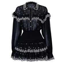 Load image into Gallery viewer, [LIVIVIO] Embroidery Ruffle Patchwork Two Piece Sets Female Perspective Flare Sleeve Shirts High Waist Mini Skirts Female New
