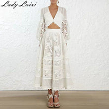 Load image into Gallery viewer, 2019 Newest Women Fashion 2 Piece Set Full Sleeve White Top and Skirt Lace Style Sexy V-neck Hollow Out Women Set Clothes
