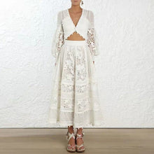 Load image into Gallery viewer, 2019 Newest Women Fashion 2 Piece Set Full Sleeve White Top and Skirt Lace Style Sexy V-neck Hollow Out Women Set Clothes